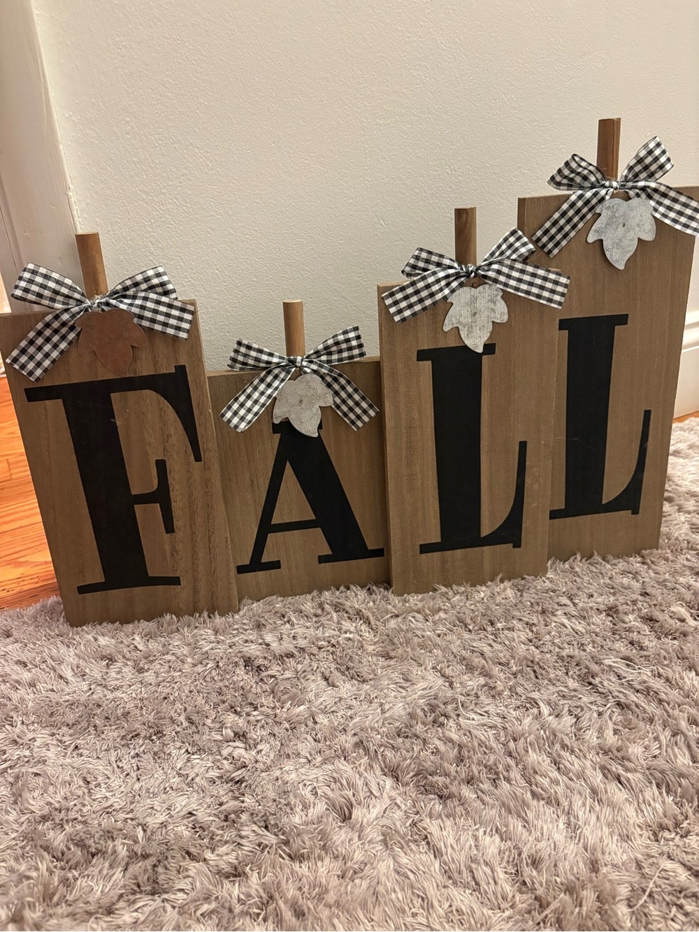 Kirklands Wood "FALL" Standing Sign with Black Lettering and Gingham Bows